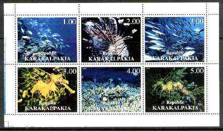 Karakalpakia Republic 1999 Marine Life sheetlet containing complete set of 6 values unmounted mint, stamps on marine life, stamps on fish