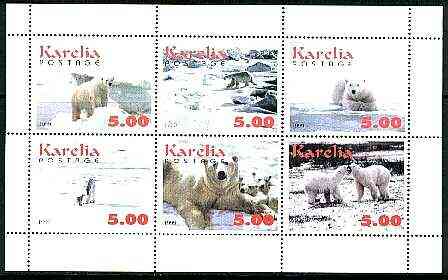 Karelia Republic 1999 Polar Bears sheetlet containing complete set of 6 values unmounted mint, stamps on animals, stamps on bears, stamps on polar