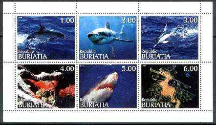 Buriatia Republic 1999 Marine Life (Dolphins, Sharks, etc) sheetlet containing complete set of 6 values unmounted mint, stamps on marine life, stamps on fish, stamps on sharks, stamps on whales