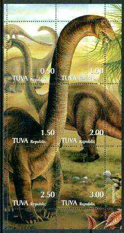 Touva 1998 Dinosaurs composite sheetlet containing complete set of 6 values unmounted mint, stamps on dinosaurs