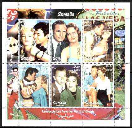 Somalia 1998 Film Stars #2 (Actors & Actresses) sheetlet containing complete set of 6 values (Marilyn, Brando, Sinatra, Ava Gardner, Tony Curtis, etc with Elvis in border..., stamps on films, stamps on cinema, stamps on marilyn monroe, stamps on elvis, stamps on music, stamps on sinatra, stamps on women