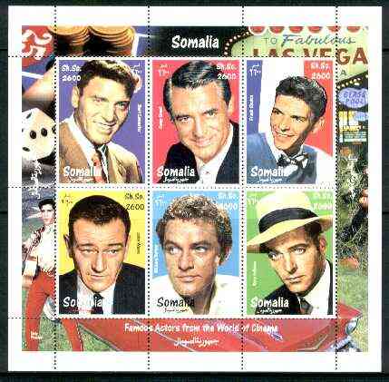 Somalia 1998 Film Stars #3 (Actors) sheetlet containing complete set of 6 values (Sinatra, B Lancaster, C Grant, J Wayne, R Burton & R Calhoun with Elvis in border) unmou..., stamps on films, stamps on cinema, stamps on elvis, stamps on music, stamps on sinatra, stamps on masonics, stamps on masonry