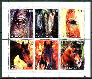 Mordovia Republic 1999 Horses perf sheetlet containing complete set of 6 values unmounted mint, stamps on animals, stamps on horses