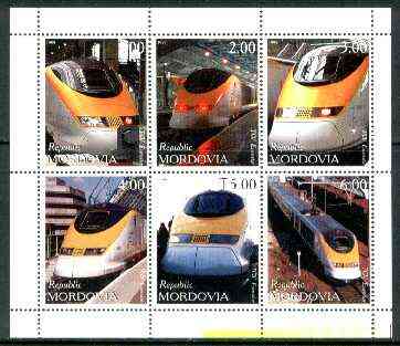 Mordovia Republic 1999 Railways (Eurostar) perf sheetlet containing complete set of 6 values unmounted mint, stamps on , stamps on  stamps on railways