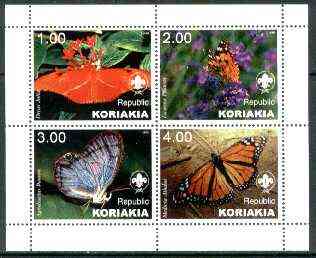 Koriakia Republic 1999 Butterflies (with Scout Logo) sheetlet containing complete set of 4 values unmounted mint, stamps on butterflies, stamps on scouts