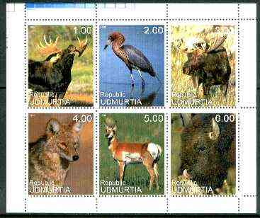 Udmurtia Republic 1999 Animals & Birds sheetlet containing complete set of 6 values unmounted mint, stamps on animals, stamps on birds, stamps on deer