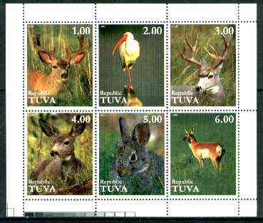 Touva 1999 Animals & Birds sheetlet containing complete set of 6 values unmounted mint, stamps on animals, stamps on birds, stamps on deer
