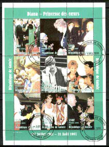 Guinea - Conakry 1998 Princess Diana #2 perf sheetlet containing 9 values (incl with Pope, Pavarotti, Stallone, Mother Teresa) cto used, stamps on royalty, stamps on diana, stamps on chess, stamps on pope, stamps on cinema, stamps on nobel, stamps on opera