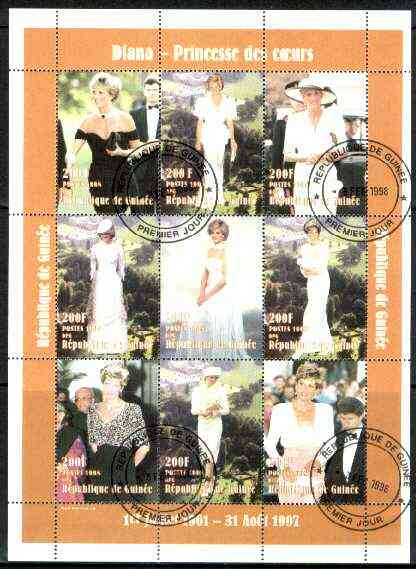 Guinea - Conakry 1998 Princess Diana #1 perf sheetlet containing 9 values (various portraits) cto used, stamps on , stamps on  stamps on royalty, stamps on  stamps on diana
