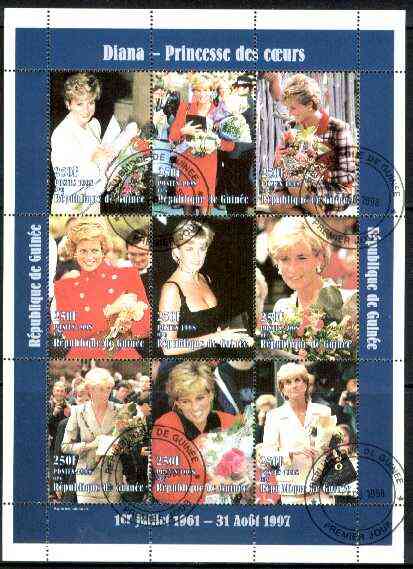Guinea - Conakry 1998 Princess Diana #3 perf sheetlet containing 9 values (various portraits) cto used, stamps on royalty, stamps on diana, stamps on police