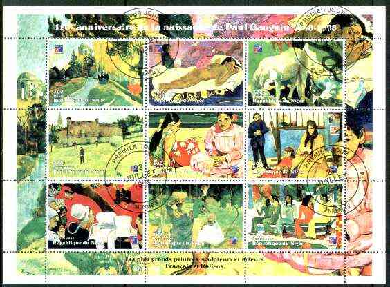 Niger Republic 1998 Paintings by Paul Gauguin perf sheetlet containing 9 values cto used, stamps on arts, stamps on gauguin