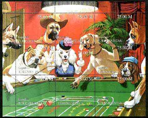 Turkmenistan 1999 Gambling Dogs composite perf sheetlet containing set of 9 values, stamps on dogs, stamps on gambling