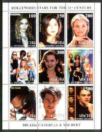 Abkhazia 1999 Hollywood Stars for the 21st Century perf sheetlet containing 9 values (incl Madonna, Spice Girls, L Di Caprio, etc) unmounted mint, stamps on films, stamps on cinema, stamps on music, stamps on entertainments, stamps on spice, stamps on pops
