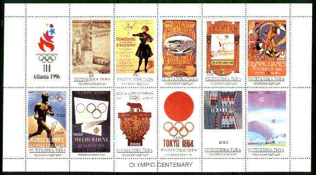 Touva 1996 Atlanta Olympic Games (Olympic Posters) perf sheetlet #1 containing 11 values plus label, unmounted mint, stamps on olympics