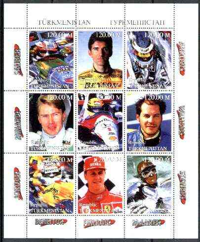 Turkmenistan 1999 Formula 1 Drivers perf sheetlet containing set of 9 values unmounted mint, stamps on racing cars, stamps on formula 1, stamps on  f1 , stamps on cars