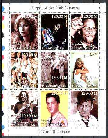 Turkmenistan 1999 People of the 20th Century (Elvis, Nancy & Frank Sinatra, Marilyn, Malcolm X, Hendrix etc) perf sheetlet containing set of 9 values unmounted mint, stamps on music, stamps on personalities, stamps on elvis, stamps on entertainments, stamps on films, stamps on cinema, stamps on marilyn monroe, stamps on sinatra, stamps on golf, stamps on millennium, stamps on judaica, stamps on guitar 