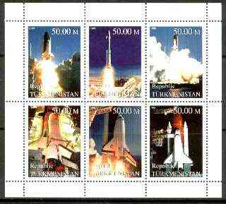 Turkmenistan 1999 Space Shuttle perf sheetlet containing set of 6 values unmounted mint, stamps on , stamps on  stamps on space, stamps on rockets, stamps on shuttle
