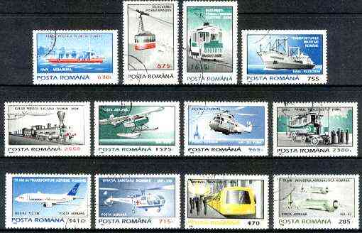 Rumania 1995 Transport complete set of 12 very fine cto used, SG 5712-23, Mi 5087-92 & 5141-46*, stamps on transport, stamps on underground railways, stamps on aviation, stamps on ships, stamps on red cross helicopter, stamps on sea plane, stamps on bus, stamps on boeing, stamps on cable car, stamps on trams