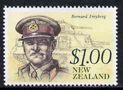 New Zealand 1990 Lt Gen Sir Bernard Freyberg $1.00 (with tank) from Heritage set 5th issue unmounted mint, SG 1552, stamps on personalities, stamps on militaria, stamps on tanks