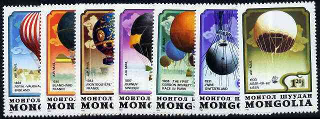 Mongolia 1982 Bicentenary of Manned Flight (Balloons) complete set of 7, unmounted mint SG 1494-1500*, stamps on aviation, stamps on balloons