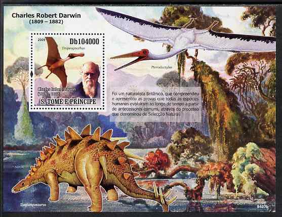 St Thomas & Prince Islands 2009 Dinosaurs & Naturalists perf s/sheet unmounted mint, stamps on personalites, stamps on dinosaurs, stamps on darwin
