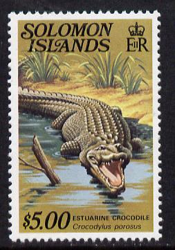 Solomon Islands 1979 Crocodile $5 (without imprint) unmounted mint from Reptiles def set SG 403A, stamps on animals, stamps on reptiles