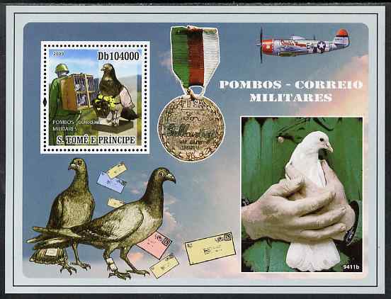 St Thomas & Prince Islands 2009 War Pigeons perf s/sheet unmounted mint, stamps on birds, stamps on pigeons, stamps on militaria, stamps on  ww2 , stamps on medals, stamps on postal, stamps on aviation, stamps on 