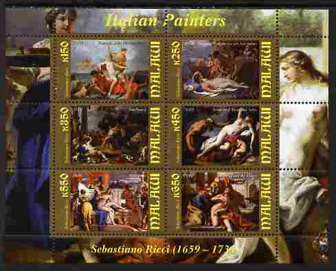 Malawi 2010 Art - Italian Painters - Ricci perf sheetlet containing 6 values unmounted mint, stamps on arts, stamps on nudes, stamps on ricci