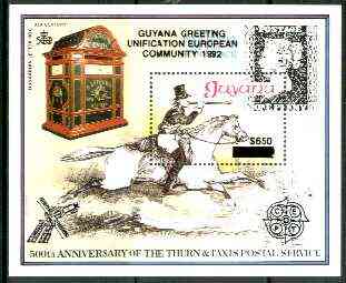 Guyana 1991 European Community scarce $650 on $150 opt in black on 150th Anniversary of Penny Black m/sheet (Post Boy) unmounted mint as SG MS 2747, stamps on postal, stamps on stamp on stamp, stamps on postbox, stamps on horses, stamps on postman, stamps on europa, stamps on stamponstamp