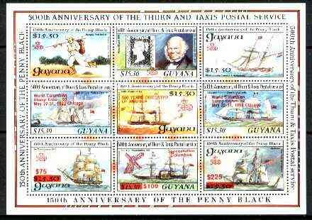 Guyana 1992 Anniversaries scarce opt in red on sheetlet of 9 (150th Anniversary of Penny Black and Thurn & Taxis Postal Anniversary - Mail Ships) unmounted mint, stamps on postal, stamps on transport, stamps on ships, stamps on postman, stamps on rowland hill, stamps on postman, stamps on stamp on stamp, stamps on columbus, stamps on stamponstamp