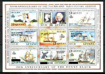 Guyana 1992 Anniversaries opt in black on sheetlet of 9 (150th Anniversary of Penny Black and Thurn & Taxis Postal Anniversary - Mail Ships) unmounted mint, stamps on postal, stamps on transport, stamps on ships, stamps on postman, stamps on rowland hill, stamps on postman, stamps on stamp on stamp, stamps on columbus, stamps on paddle steamers, stamps on stamponstamp