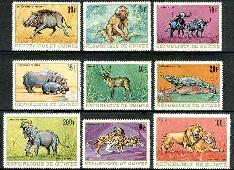 Guinea - Conakry 1968 African Fauna set of 9 unmounted mint, SG 658-66, Mi 495-503*, stamps on , stamps on  stamps on animals, stamps on apes, stamps on leopars, stamps on cats, stamps on hippo, stamps on reptiles, stamps on crocodiles, stamps on swine, stamps on buffalo, stamps on bovine, stamps on lions, stamps on elephants