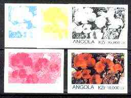Angola 1999 Fungi 10,000k from Flora & Fauna def set, the set of 5 imperf progressive colour proofs comprising the four individual colours plus completed design (all 4-co..., stamps on fungi