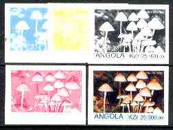 Angola 1999 Fungi 25,000k from Flora & Fauna def set, the set of 5 imperf progressive colour proofs comprising the four individual colours plus completed design (all 4-co..., stamps on fungi