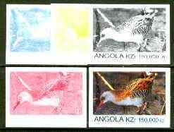 Angola 1999 Birds 150,000k from Flora & Fauna def set, the set of 5 imperf progressive colour proofs comprising the four individual colours plus completed design (all 4-c..., stamps on birds