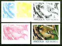 Angola 1999 Birds 50,000k from Flora & Fauna def set, the set of 5 imperf progressive colour proofs comprising the four individual colours plus completed design (all 4-co..., stamps on birds