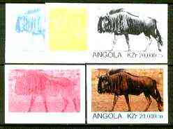 Angola 1999 Gnu (Wildebeest) 20,000k from Flora & Fauna def set, the set of 5 imperf progressive colour proofs comprising the four individual colours plus completed design (all 4-colour composite) 5 proofs unmounted mint, stamps on animals, stamps on gnu, stamps on wildebeest, stamps on bovine