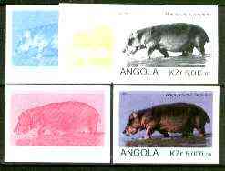 Angola 1999 Hippopotamus 5,000k from Flora & Fauna def set, the set of 5 imperf progressive colour proofs comprising the four individual colours plus completed design (al..., stamps on animals, stamps on hippo