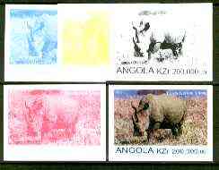 Angola 1999 Rhino 200,000k from Flora & Fauna def set, the set of 5 imperf progressive colour proofs comprising the four individual colours plus completed design (all 4-colour composite) 5 proofs unmounted mint, stamps on animals, stamps on rhino