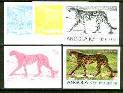 Angola 1999 Cheetah 100,000k from Flora & Fauna def set, the set of 5 imperf progressive colour proofs comprising the four individual colours plus completed design (all 4..., stamps on animals, stamps on cats, stamps on cheetah