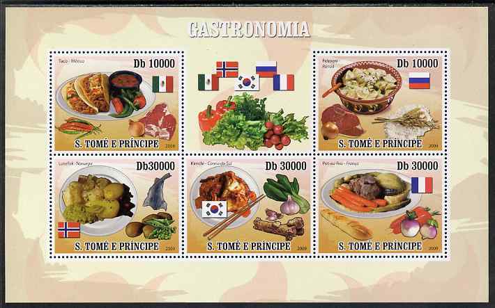 St Thomas & Prince Islands 2009 Dishes of the World perf sheetlet containing 5 values unmounted mint, stamps on food, stamps on flags