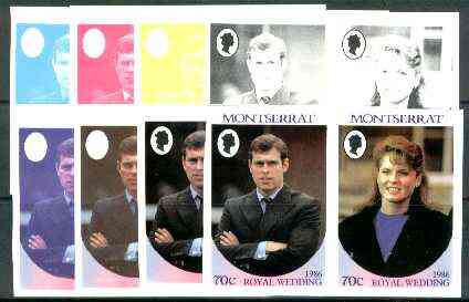 Montserrat 1986 Royal Wedding 70c se-tenant pair (Fergie & Andrew) set of 9 imperf progressive proofs comprising 5 individual colours various multiple-colour composites i..., stamps on royalty, stamps on fergie, stamps on andrew