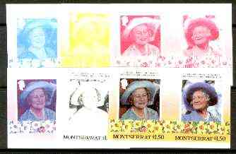 Montserrat 1985 Life & Times of HM Queen Mother $1.50 se-tenant pair, the set of 6 imperf progressive proofs comprising the 4 individual colours 2 and all 4-colour composites (completed design) as SG 642a, stamps on royalty, stamps on queen mother