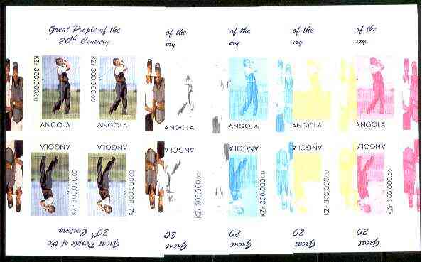Angola 1999 Great People of the 20th Century - Aoki (Japanese Golfer) sheetlet of 4 (2 tete-beche pairs with the Tiger Woods in margin) the set of 5 imperf progressive co..., stamps on personalities, stamps on golf, stamps on millennium