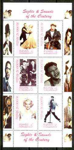 Somaliland 1999 Sights & Sounds of the Century - perf sheetlet of six (Fred & Ginger, Brando on Motorbike, Laurel & Hardy, Ella, Marilyn & Elvis) unmounted mint, stamps on personalities, stamps on motorbikes, stamps on films, stamps on cinema, stamps on entertainments, stamps on music, stamps on elvis, stamps on marilyn monroe, stamps on jazz