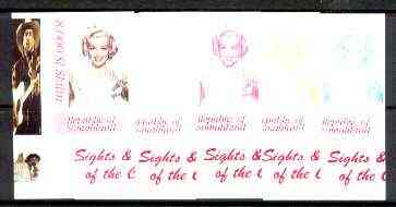 Somaliland 1999 Marilyn Monroe from Sights & Sounds of the Century - set of 5 imperf progressive colour proofs comprising various colour combinations incl all 4 colours, stamps on personalities, stamps on films, stamps on cinema, stamps on entertainments, stamps on music, stamps on marilyn monroe