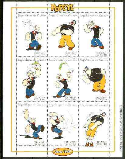 Guinea - Conakry 1998 Popeye perf sheetlet containing complete set of 9 values unmounted mint, stamps on cartoons, stamps on , stamps on  tv , stamps on entertainments