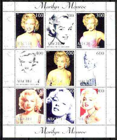 Abkhazia 1999 Marilyn Monroe perf sheetlet containing complete set of 9 values unmounted mint, stamps on marilyn monroe, stamps on entertainments, stamps on films, stamps on cinema, stamps on personalities