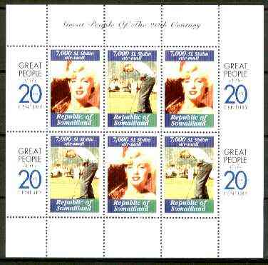 Somaliland 1999 Great People of the 20th Century - Marilyn Monroe & Arnold Palmer perf sheetlet containing 6 x 7,000 sl Airmail values unmounted mint, stamps on , stamps on  stamps on films, stamps on  stamps on entertainments, stamps on  stamps on cinema, stamps on  stamps on music, stamps on  stamps on marilyn monroe, stamps on  stamps on golf, stamps on  stamps on millennium, stamps on  stamps on masonics, stamps on  stamps on masonry