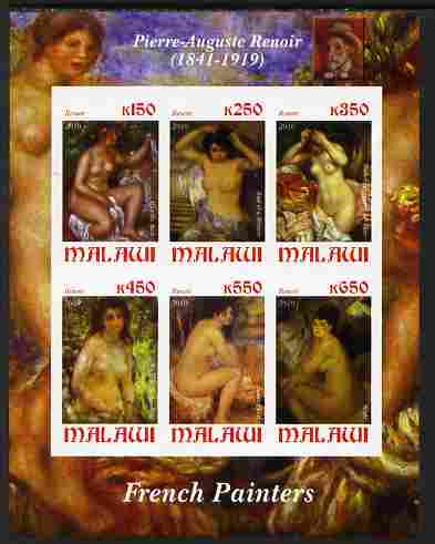 Malawi 2010 Art - French Painters - Renoir imperf sheetlet containing 6 values unmounted mint, stamps on arts, stamps on nudes, stamps on renoir